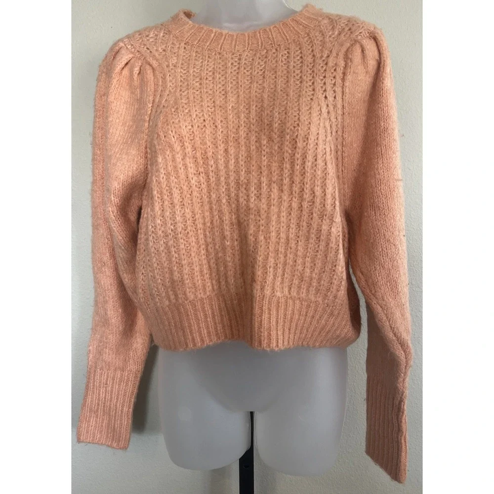 💗 TOPSHOP Peach Orange Cable Knit Puff Sleeve‎ Rib Pullover Small UK4/6 36-38